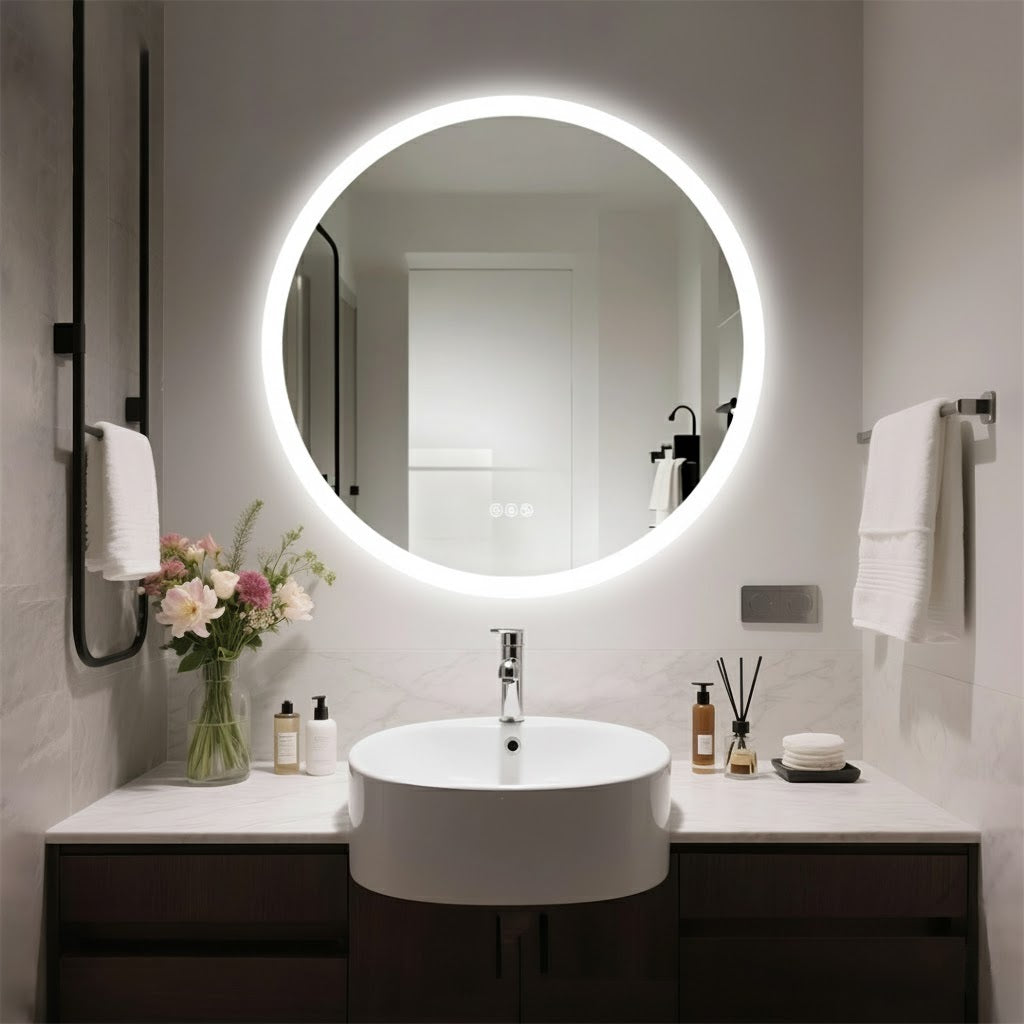 Round LED Bathroom Mirror with Bluetooth & Anti-Fog