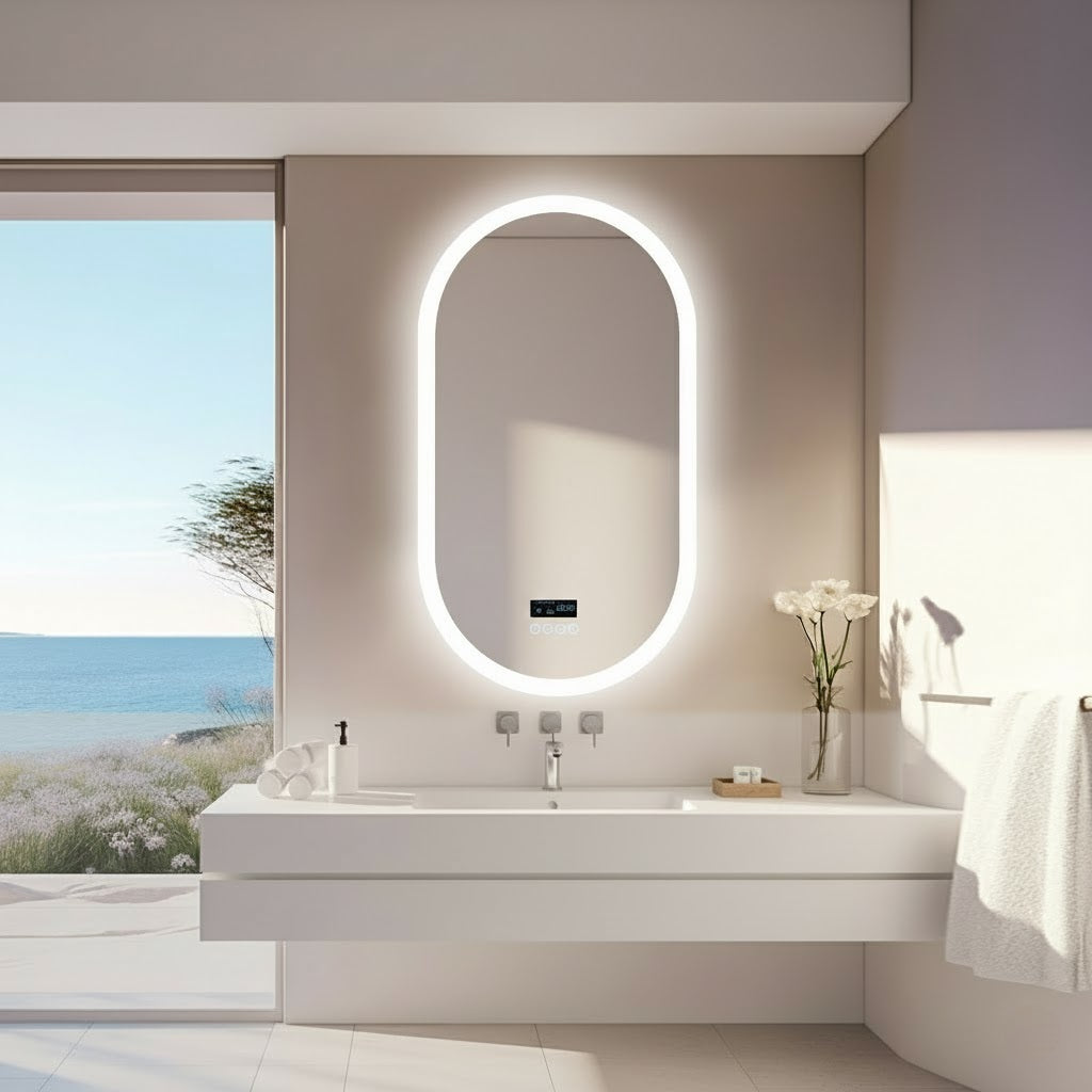 Smart Oval LED Mirror with Bluetooth Speaker & Info Display