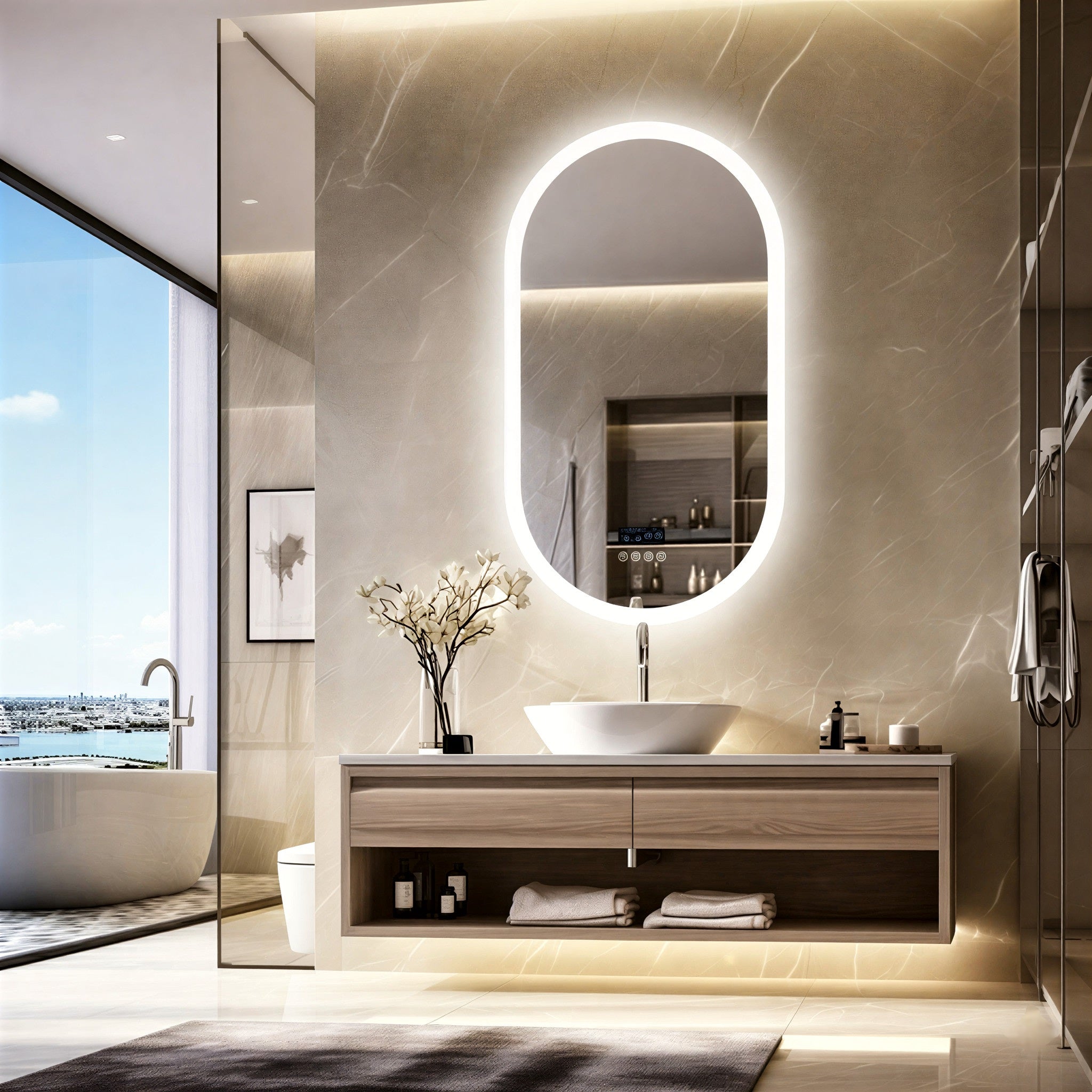 Smart Oval LED Mirror with Bluetooth Speaker & Info Display