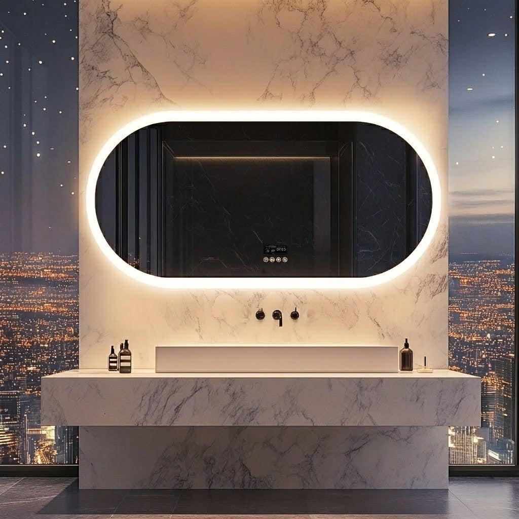 Smart Oval LED Mirror with Bluetooth Speaker & Info Display